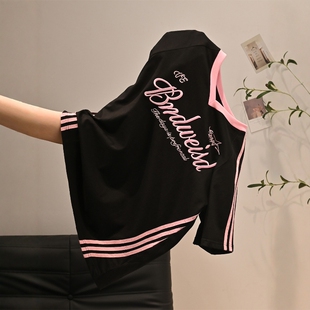 大码夏季甜酷风v领刺绣拼接短袖t恤女美式复古宽松慵懒风休闲上衣