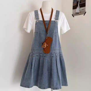 胖妹妹韩式 牛仔背带裙女宽松显瘦百褶中长裙休闲叠穿背带连衣裙女