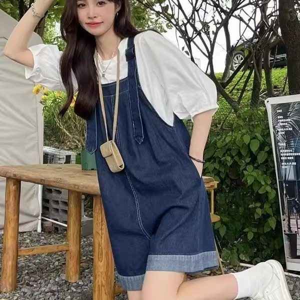复古牛仔背带裤套装女夏季