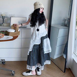 女童甜酷风经典格子半身裙吊带罩衫三件套装2025夏季潮范时尚炸街