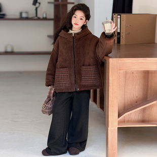 女童两面穿时髦洋气格子棉衣外套 2026冬装新款儿童中大童加厚年