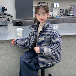 女童蓝色格子棉服2026年冬季新款小个子洋气宽松面包服棉衣外套休