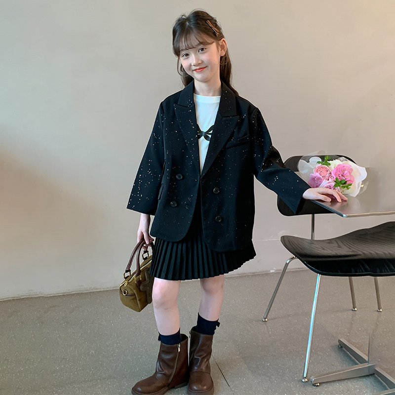 儿童春秋西服百搭少女风双排扣套装女纯色中大童2026春装小西装套