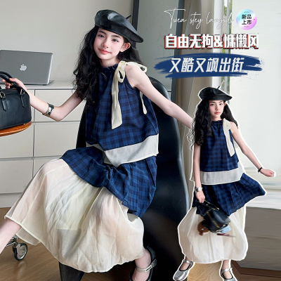 女童时尚无袖深蓝格套裙