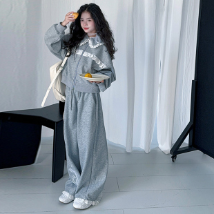 女童春秋季卫衣套装2026新款时尚女孩韩系中大童洋气花边领卫衣潮