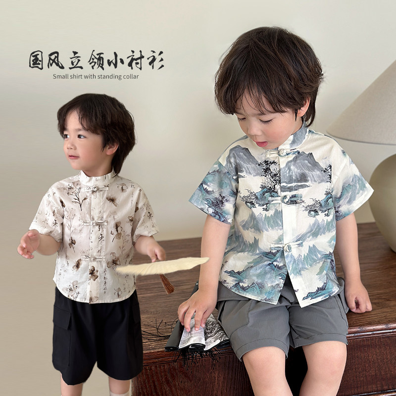 陈大猪男婴童 宝宝新中式国风短袖衬衫夏季薄款儿童复古衬衣汉服