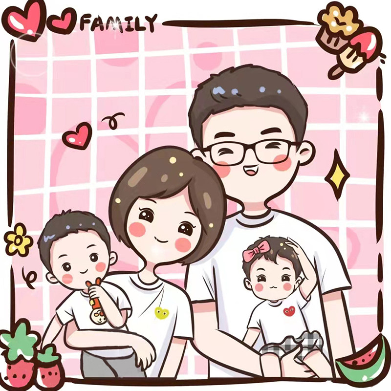 手绘一家三四口卡通头像设计q版全家福定制漫画真人照片转简笔画