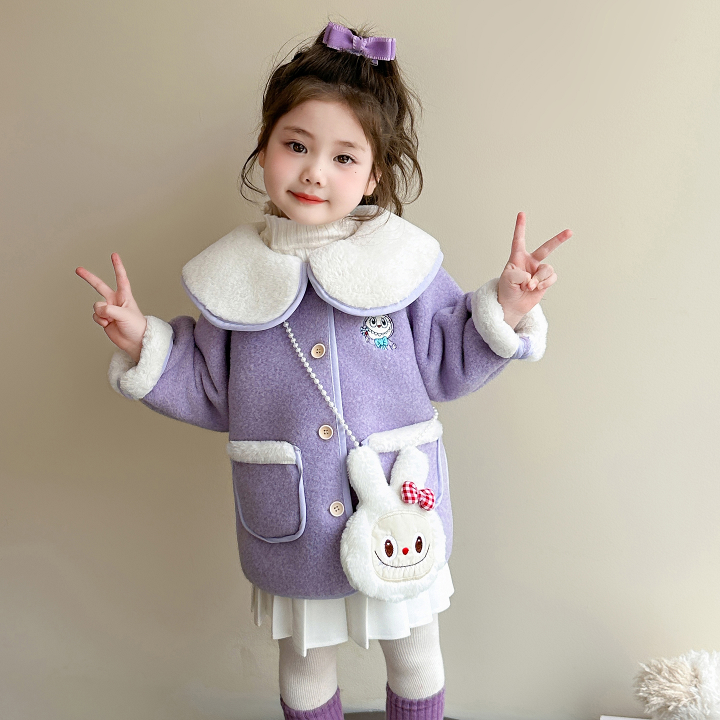 女童加绒外套呢子秋冬拉布布衣服