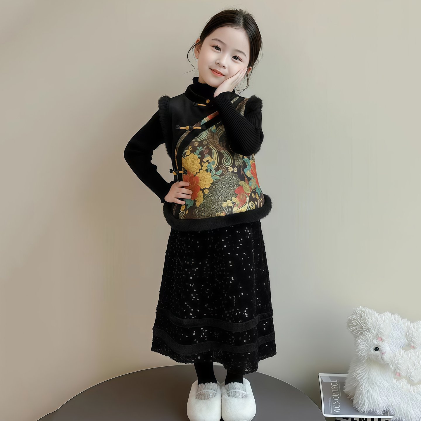 女童新中式国风汉服套装秋冬季2025新款儿童马甲背心半身裙三件套