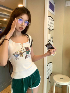 t恤女夏季 卡通印花显瘦chill系带短袖 杨超越同款 杂食universe