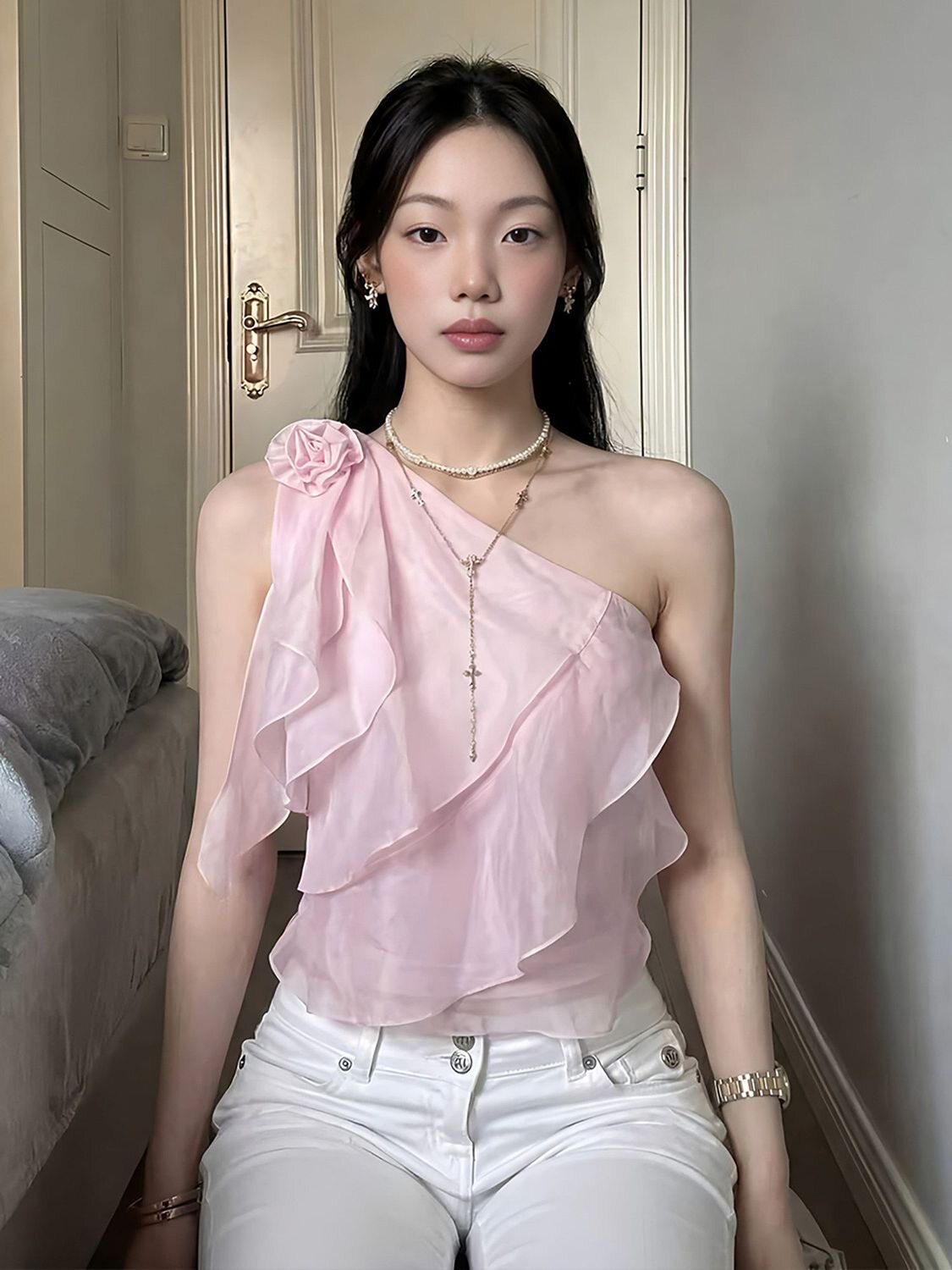 LINONEONESoft柔光 天丝醋酸亚麻多层荷叶边单斜肩花朵上衣小衫