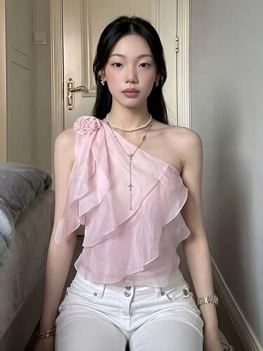 LINONEONESoft柔光 天丝醋酸亚麻多层荷叶边单斜肩花朵上衣小衫