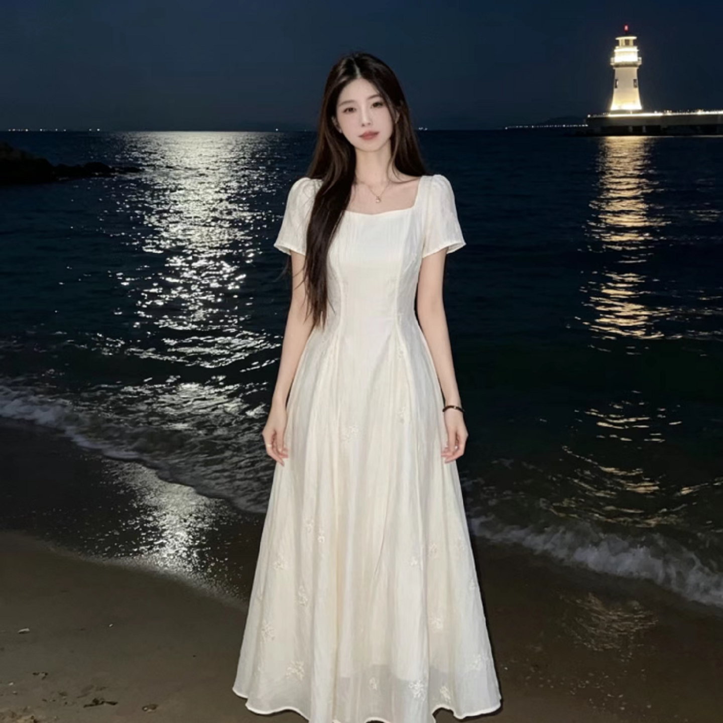 2026法式甜美初恋方领小个子连衣裙夏季新款高级感收腰显瘦长裙子