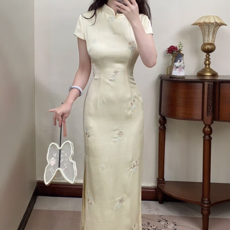 予溪自制【宴书】春夏高级刺绣抓花缎面气质显瘦改良旗袍连衣裙女