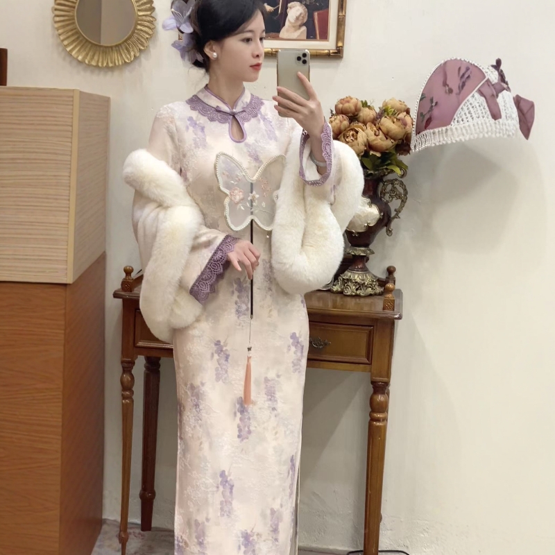 予溪自制【紫气东来】秋冬加绒新款新中式国风气质修身改良旗袍裙