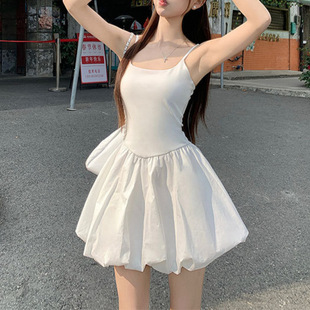 花苞甜美收腰短裙 夏季 法式 小个子白色吊带连衣裙女式 修身