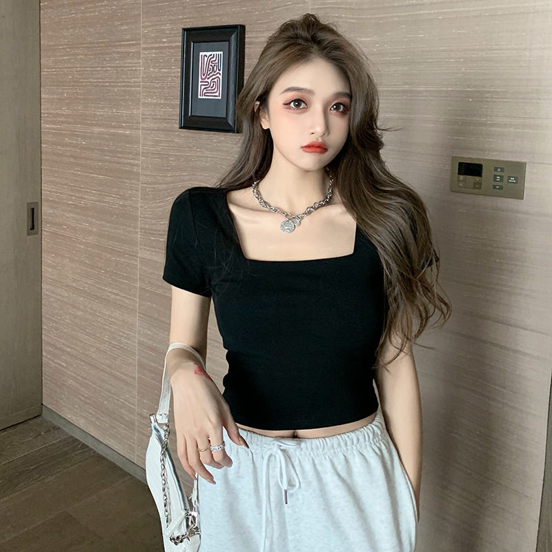 T恤女2025紧身内搭方领短袖t恤高腰短款露腰打底衫上衣女装潮