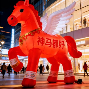 定制充气春节红色骏马充气卡通气模毛绒大熊猫商场美陈吉祥物人偶