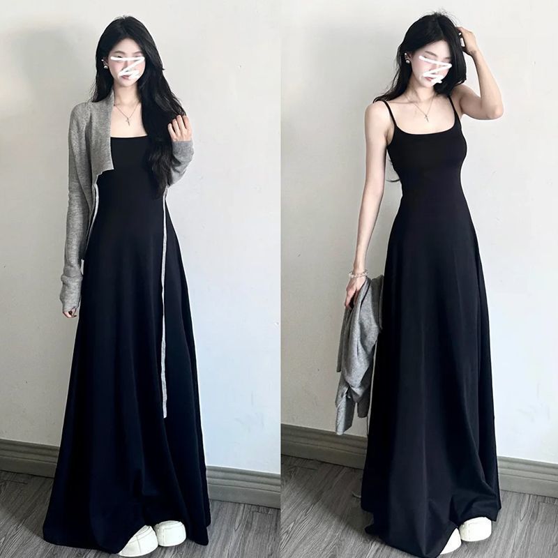 棉罗纹高品质~法式黑色吊带连衣裙女海边度假显瘦纯欲辣妹长裙子