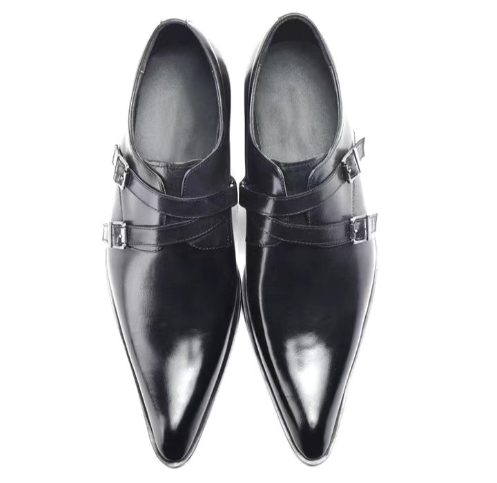 潮流韩版尖头男鞋搭扣真皮商务正装皮鞋单鞋男牛皮鞋透气结婚皮鞋