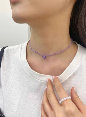 韩国东大门REINA小清新水晶串珠镭射梦幻紫渐变色蝴蝶项链锁骨链