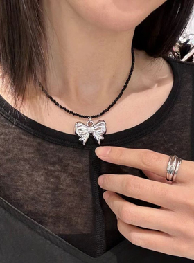 韩国东大门ins 小众银色蝴蝶结吊坠项链女精致气质百搭锁骨链颈链