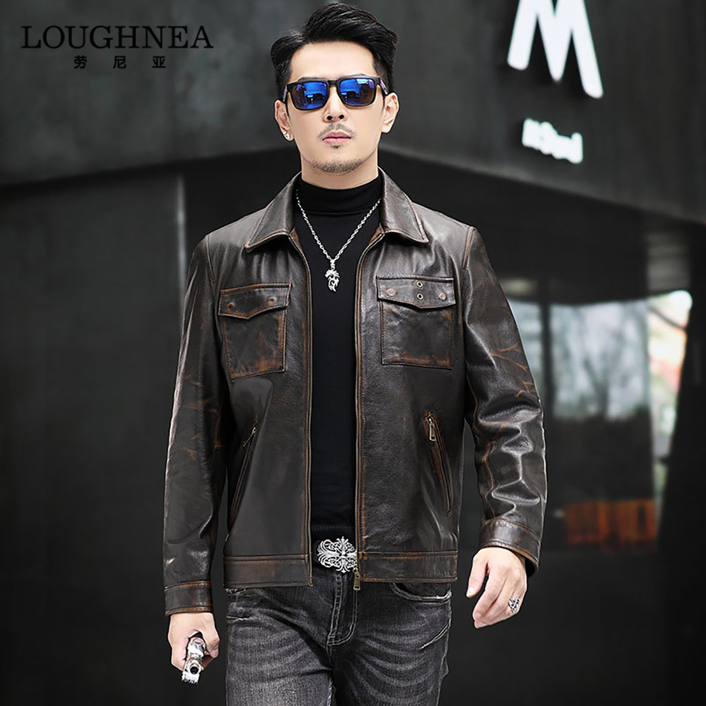 LOUGHNEA高档品牌复古机车皮衣外套男春秋中年修身山羊皮真皮夹克