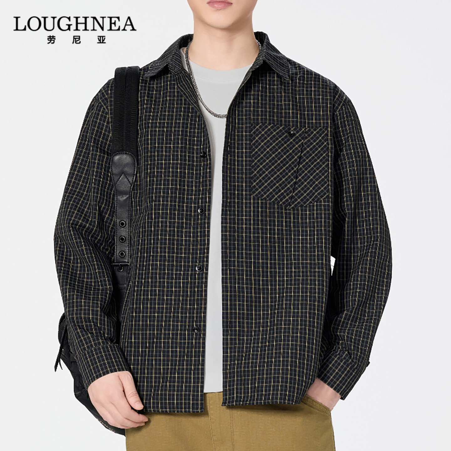 LOUGHNEA轻奢复古小格子衬衫男长袖春秋新款中年休闲宽松通勤衬衣
