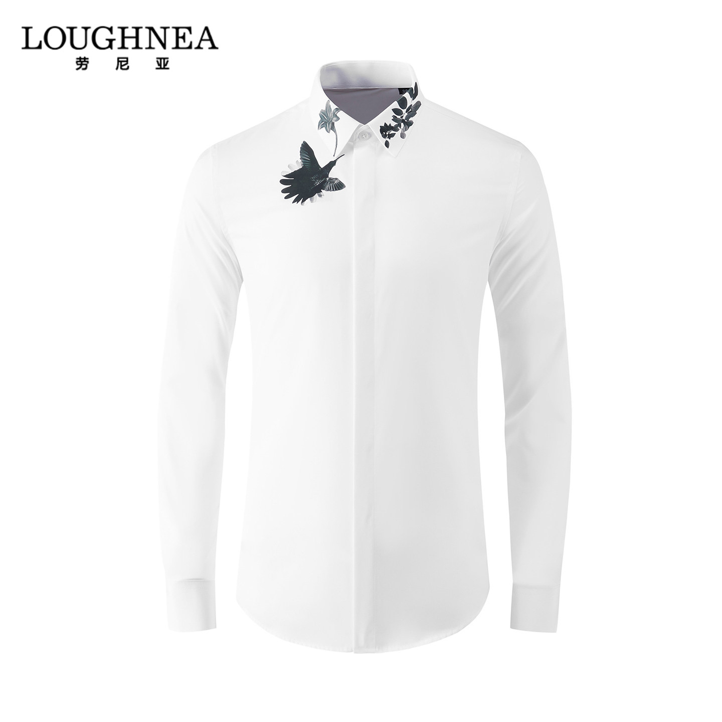LOUGHNEA轻奢新中式印花白色衬衫男长袖春秋新款中年商务修身上衣