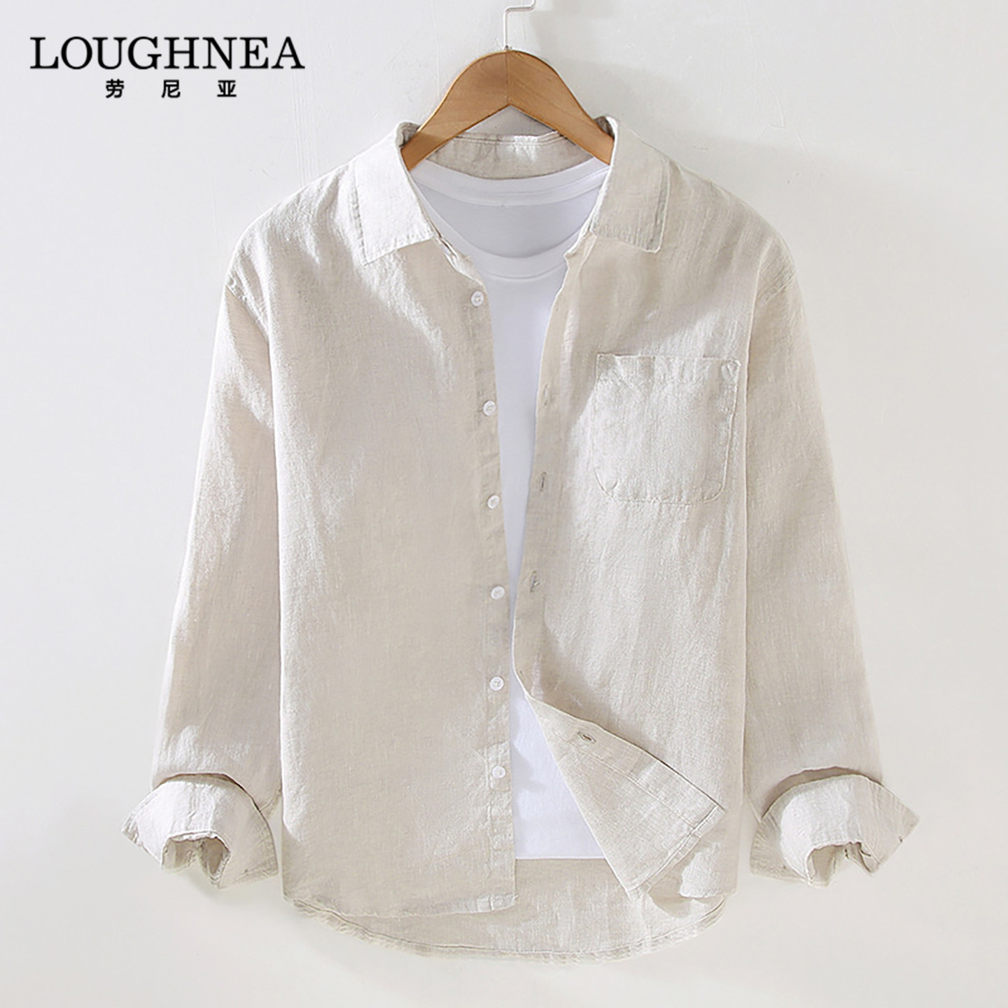 LOUGHNEA品牌纯亚麻长袖衬衫男春夏薄款中年休闲宽松透气麻料衬衣