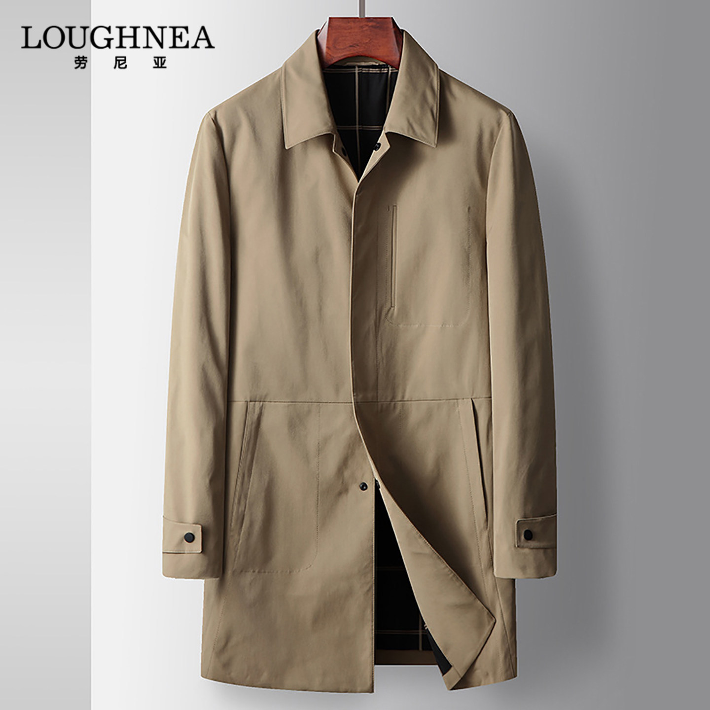 LOUGHNEA高端2025早秋男士卡其色中长款风衣商务休闲翻领夹克外套