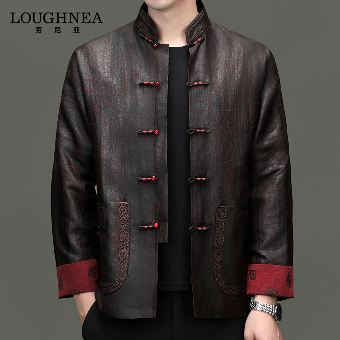 LOUGHNEA高端龟裂纹香云纱唐装男士春秋季中式盘扣桑蚕丝长袖衬衫