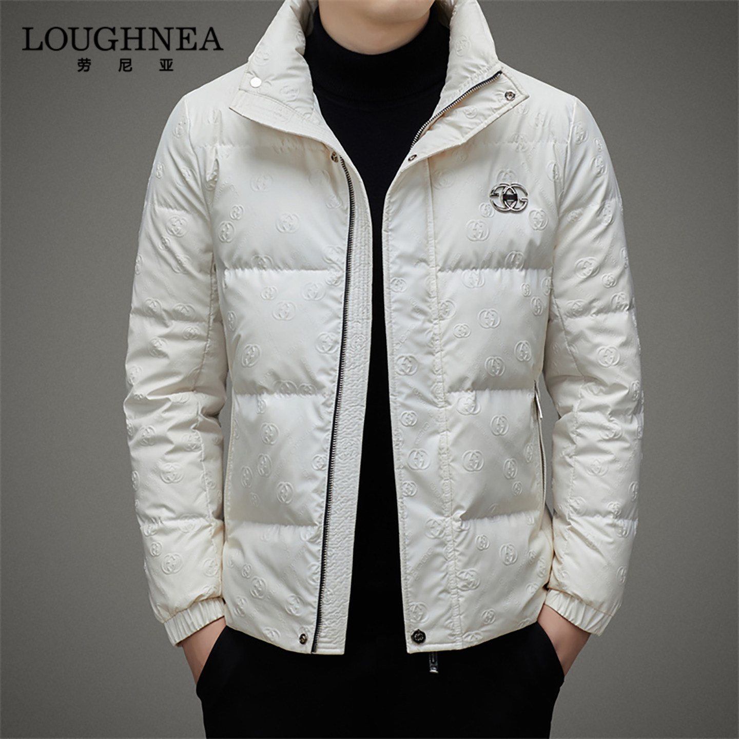 LOUGHNEA欧货潮牌立领白色羽绒服男冬季时尚暗纹印花轻薄羽绒外套