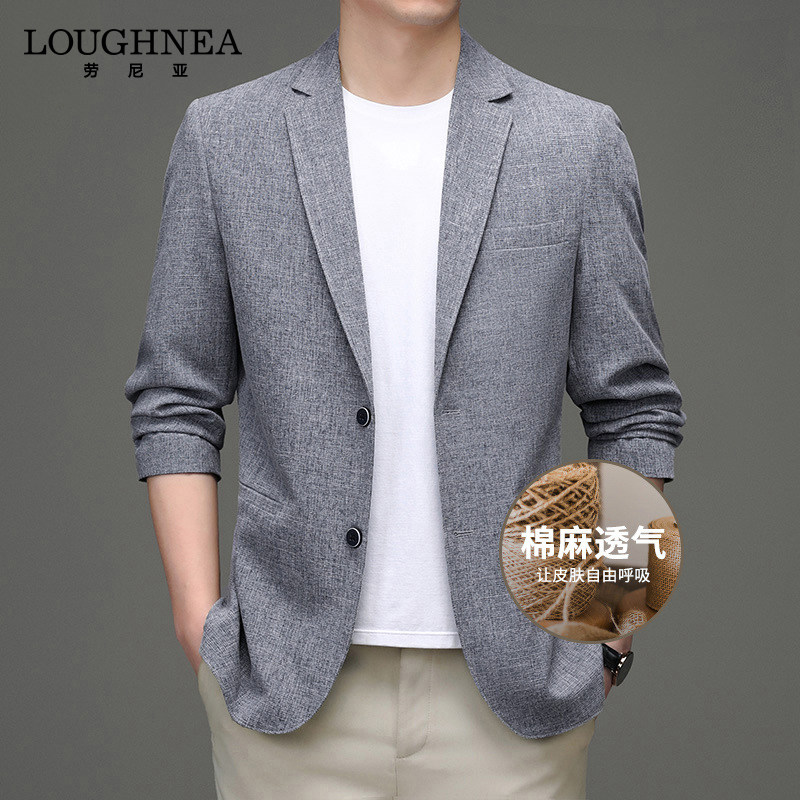 LOUGHNEA高档棉麻西装男休闲春秋薄款西服修身开衩小西装亚麻外套