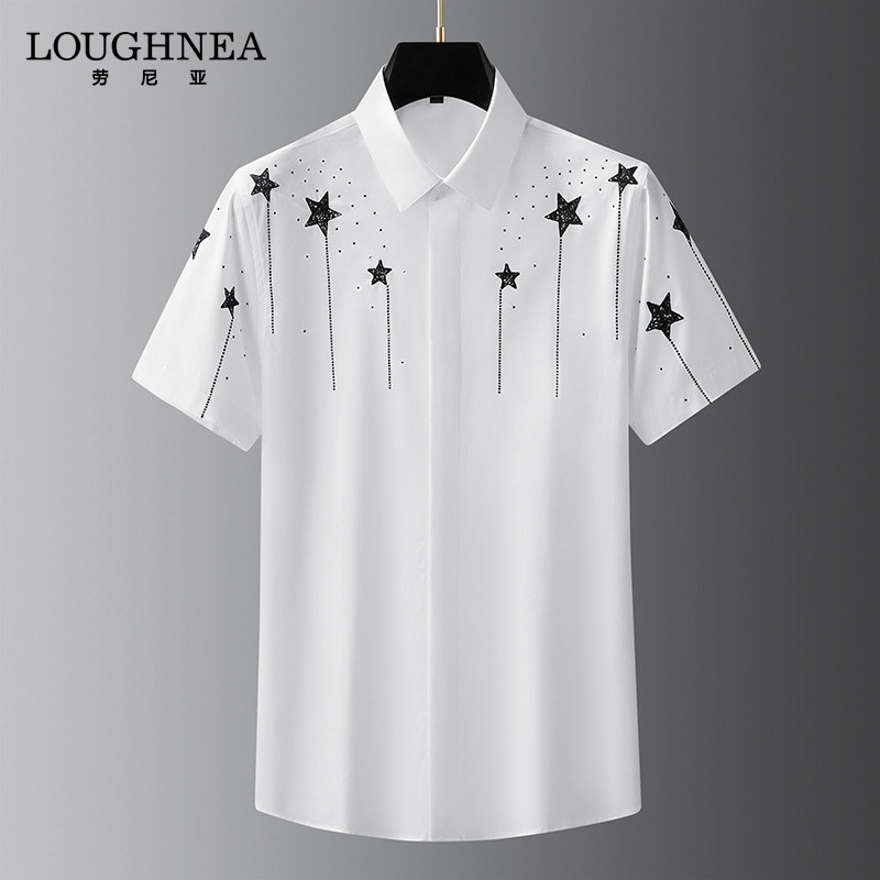 LOUGHNEA轻奢品牌设计感白色衬衫男短袖夏季潮牌烫钻刺绣半袖衬衣