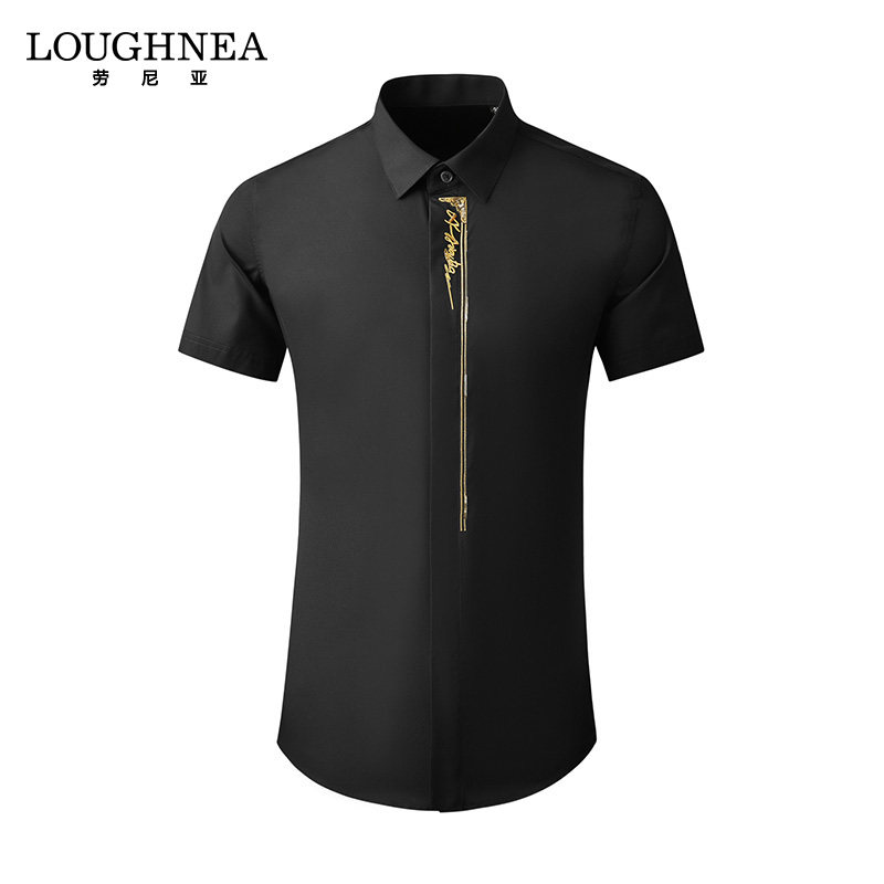 LOUGHNEA品牌中国风短袖衬衫字母珠绣刺绣时尚男士衬衫修身半袖衫