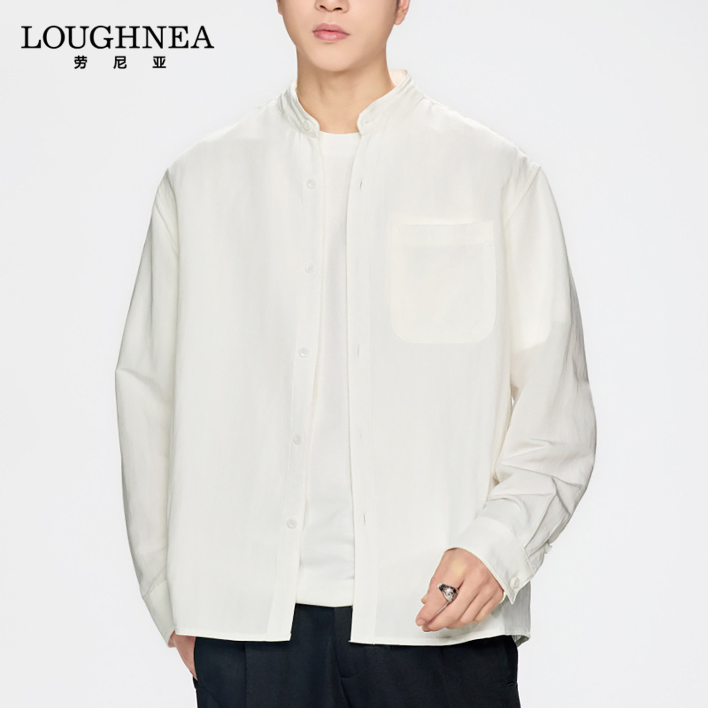 LOUGHNEA轻奢复古新中式立领白色衬衫男长袖春秋休闲宽松中年衬衣