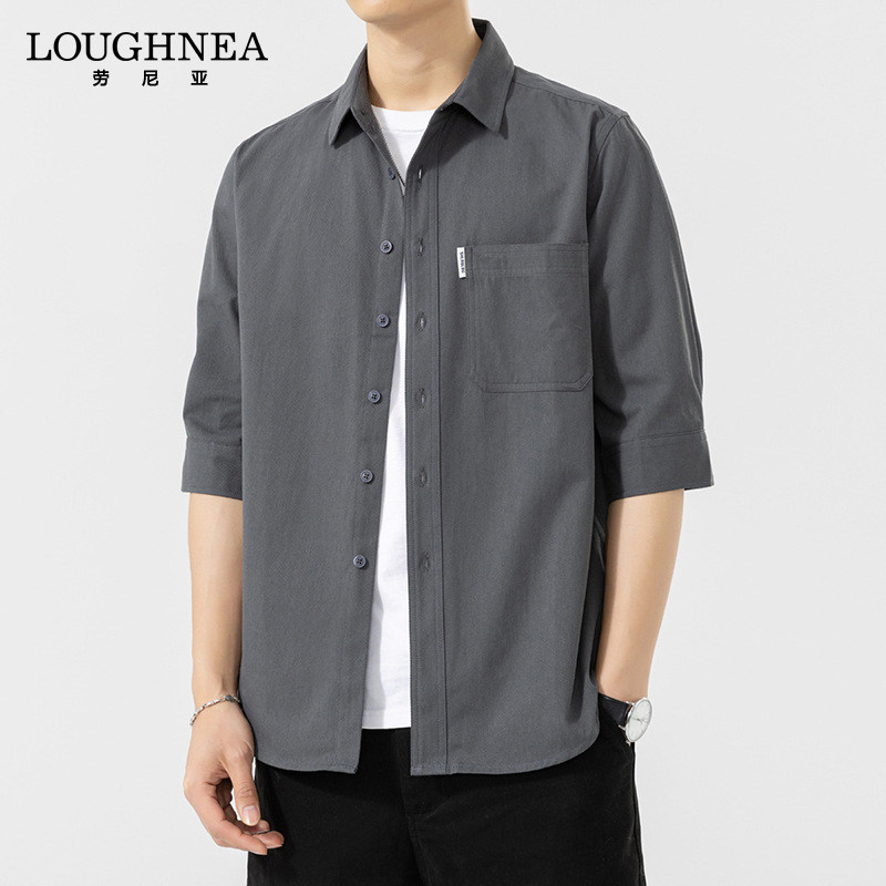 LOUGHNEA高端纯棉休闲衬衣男士七分袖夏季中年商务有口袋工装衬衣