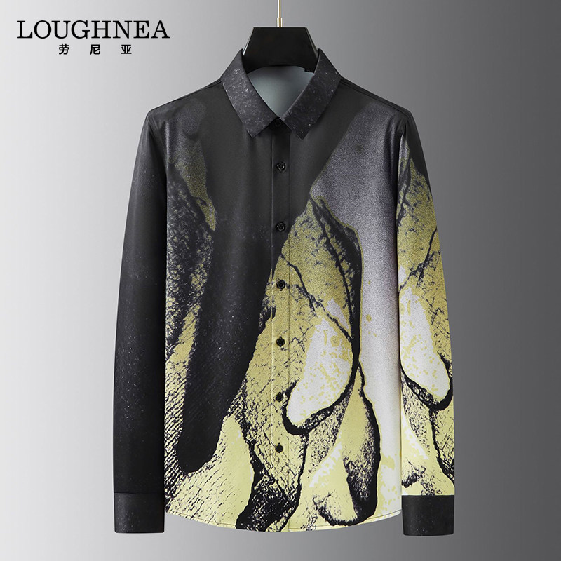 LOUGHNEA高档翻领免烫长袖衬衫男2026新款数码印花修身休闲衬衣