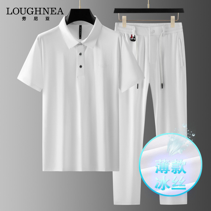 LOUGHNEA高档透气冰丝休闲运动套装男短袖夏季青年时尚白色两件套