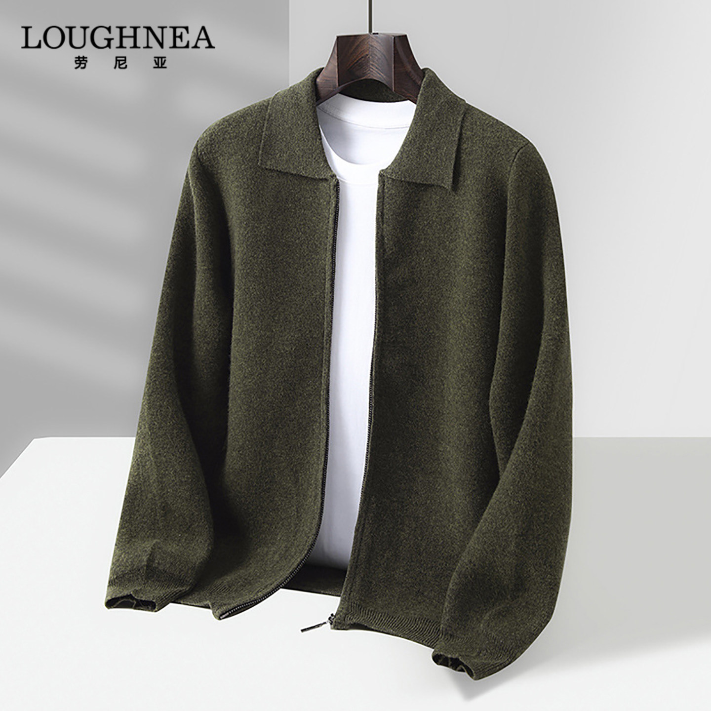 LOUGHNEA高端100%羊毛翻领开衫针织衫男春秋商务休闲加厚毛衣外套