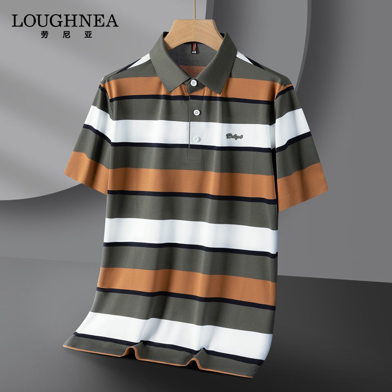 LOUGHNEA高级感无痕冰丝条纹t恤男短袖2025夏季轻商务免烫polo衫