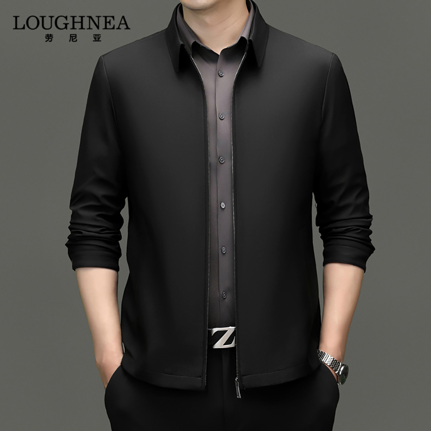 LOUGHNEA轻奢中老年黑色行政夹克男外套2026春秋爸爸装商务干部服