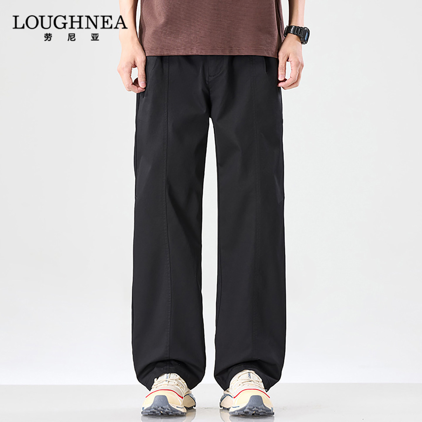 LOUGHNEA品牌黑色宽松直筒休闲裤男2026新款春秋美式复古弹力长裤