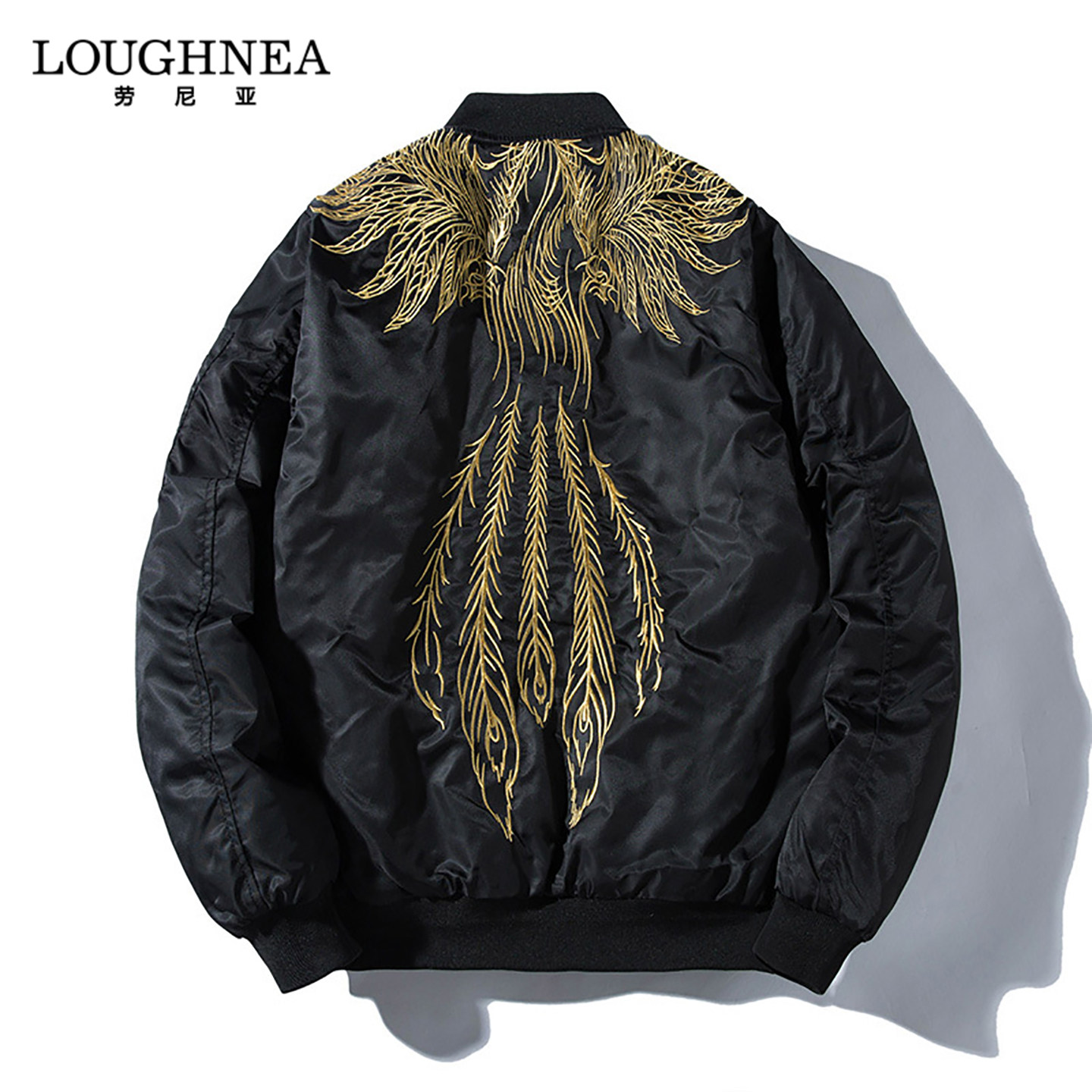 LOUGHNEA高端中国风黑色夹克男外套凤凰刺绣春秋季宽松棒球服上衣