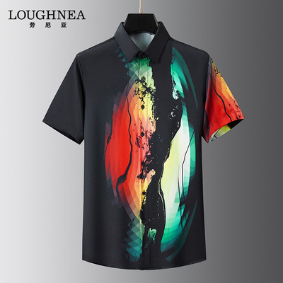 LOUGHNEA高端品牌痞帅花衬衫男短袖夏季薄款中年免烫抗皱潮流上衣