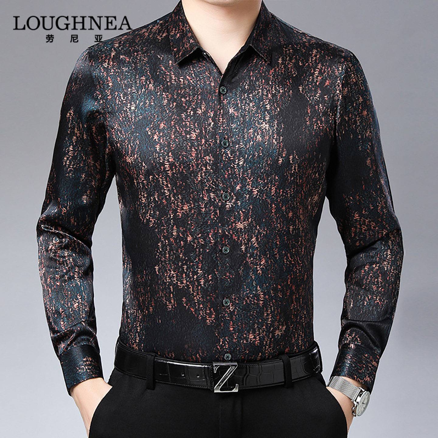 LOUGHNEA轻奢香云纱长袖衬衫男士桑蚕丝春秋潮流印花商务免烫衬衣