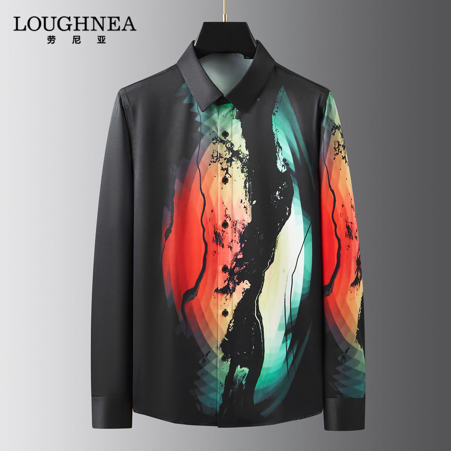 LOUGHNEA轻奢欧美风花衬衫男士长袖春秋新款个性印花免熨烫抗皱衬