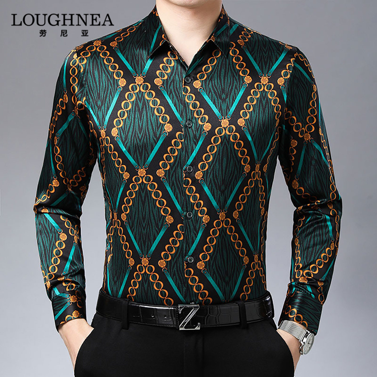 LOUGHNEA轻奢碎花桑蚕丝衬衫男士长袖春秋薄款休闲真丝绸缎面衬衣