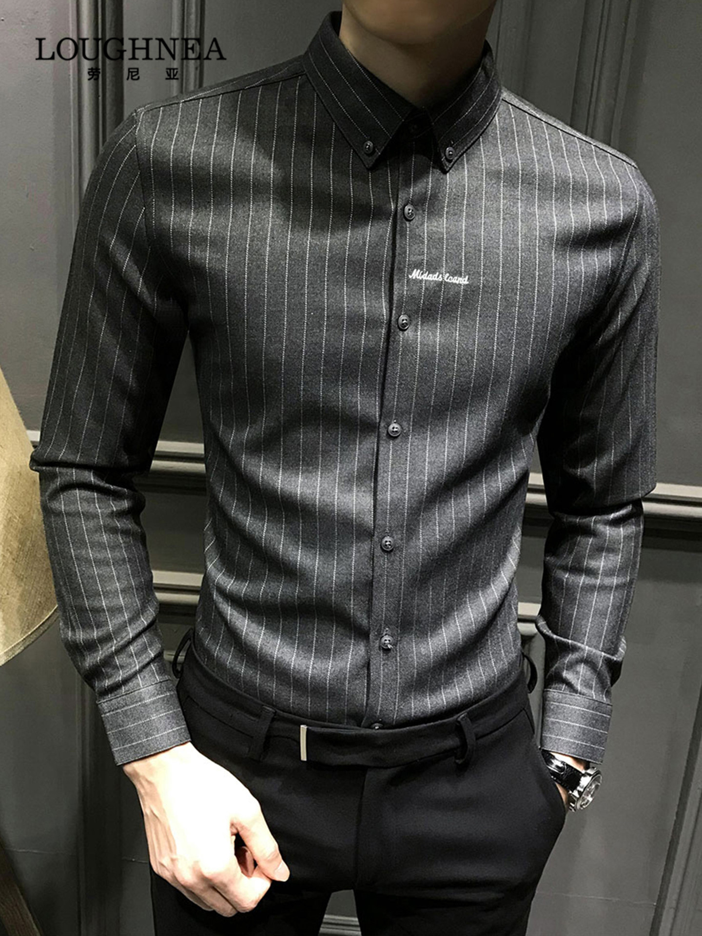 LOUGHNEA条纹衬衫男士长袖高端商务休闲春秋冬加绒加厚易打理衬衣